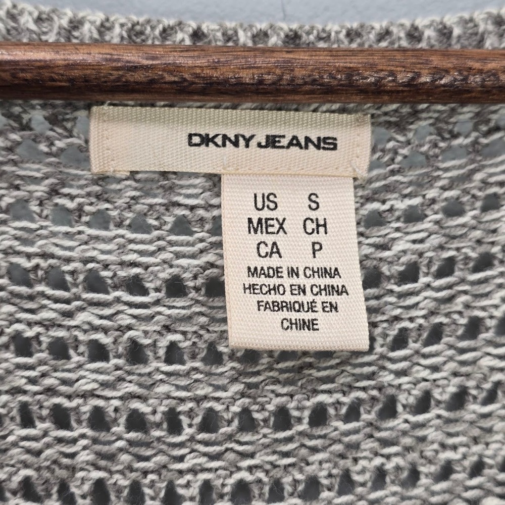 DKNY Jeans Open Knit Cardigan S Deep V Neck Coastal Beach 3/4 Sleeve Patchwork - Picture 7 of 8